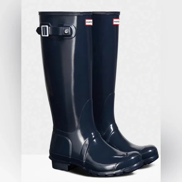 Hunter Original Tall Gloss Navy Blue Waterproof Boots - Picture 1 of 16
